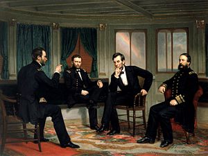 Painting of four men conferring in a ship's cabin, entitled 