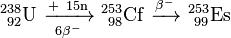 \mathrm{^{238}_{\ 92}U\ \xrightarrow [6  \beta^-]{+\ 15 n} \ ^{253}_{\ 98}Cf\ \xrightarrow{\beta^-} \ ^{253}_{\ 99}Es}