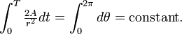 \int_{0}^{T} \tfrac{2A}{r^2}dt = \int_{0}^{2\pi} d\theta = \mathrm{constant}.