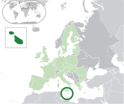 Location of  Malta  (dark green)– in Europe  (green & dark grey)– in the European Union  (green)  —  [Legend]