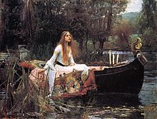 A painting of a red haired woman, sitting in a boat, surrounded by trees.