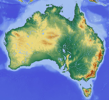 Map showing the topography of Australia, showing some elevation in the west and very high elevation in mountains in the southeast