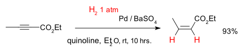 Ethyl isocrotonate synthesis by ethyl 2-butynoate hydrogenation