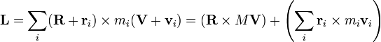 \mathbf{L}=\sum_i (\mathbf{R}+\mathbf{r}_i)\times m_i (\mathbf{V}+\mathbf{v}_i) = \left(\mathbf{R}\times M\mathbf{V}\right) + \left(\sum_i \mathbf{r}_i\times m_i \mathbf{v}_i\right)