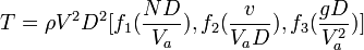 T = \rho V^2 D^2 [ f_1(\frac {ND}{V_a}), f_2(\frac {v}{V_a D}), f_3(\frac {gD}{V_a^2}) ]