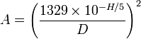 A =\left ( \frac{1329\times10^{-H/5}}{D} \right ) ^2