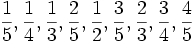 {1 \over 5}, {1 \over 4}, {1 \over 3}, {2 \over 5}, {1 \over 2}, {3 \over 5}, {2 \over 3}, {3 \over 4}, {4 \over 5}