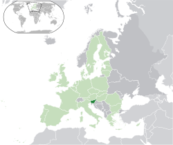 Location of  Slovenia  (dark green)– in Europe  (green & dark grey)– in the European Union  (green)